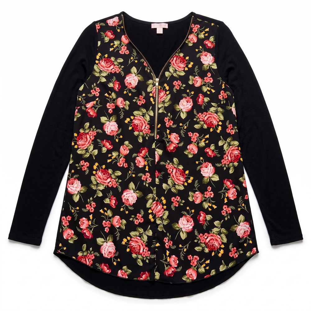 Juniper Ln Womens S Black Floral Zip Front Long Sleeve Top Tunic Boho Casual
